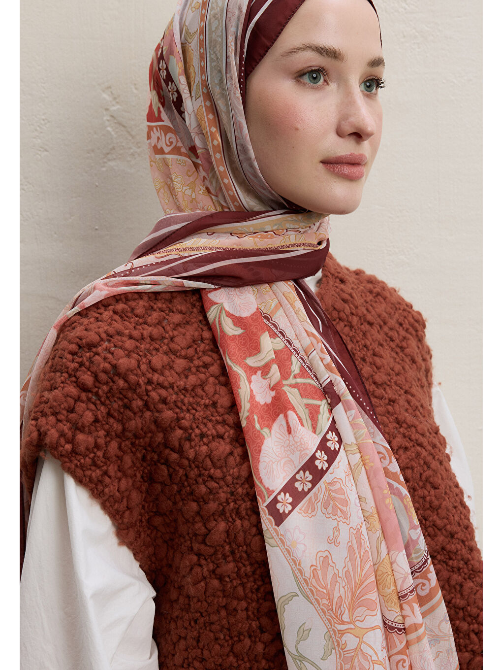 Kahverengi Lılıes Desen İpek Krep Şal Kiremit-1