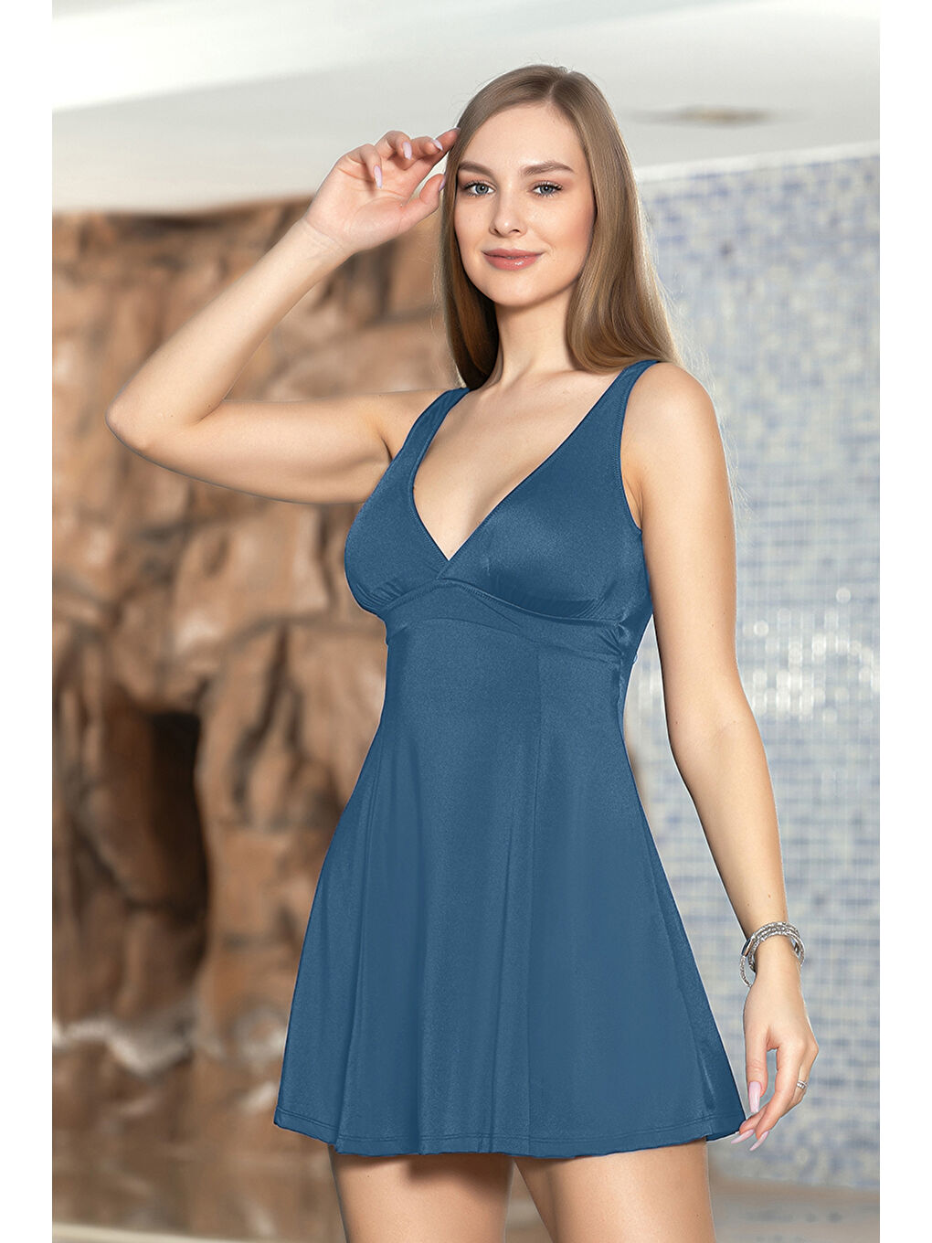 Büyük Beden Şortlu Elbise Mayo Etekli Mayo Yüzücü Mayo 1901-26 Petrol-3