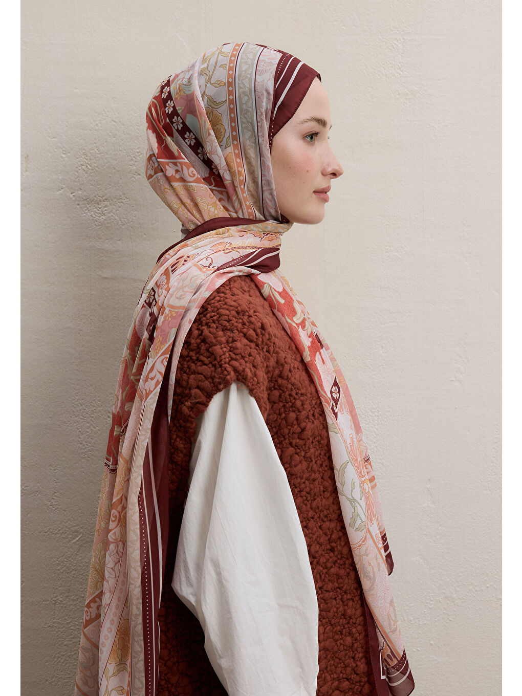 Kahverengi Lılıes Desen İpek Krep Şal Kiremit-2