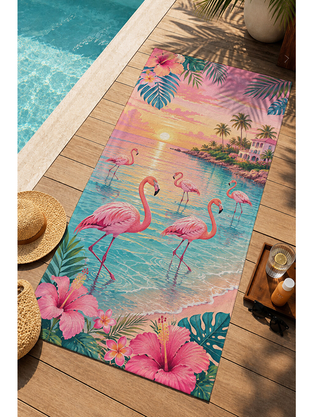Pembe Tropikal Flamingo Akşam Işığı Ve Palmiye Desenli 70x150 Plaj Havlusu - Dijital Baskılı Banyo Havlusu-1