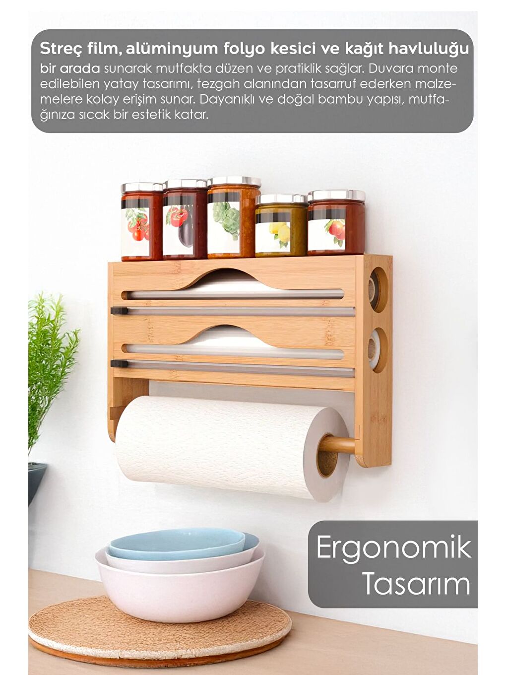 Bej Bambu Streç Film Folyo Kesici Fonksiyonel 2 Bölme Streç Folyo Kesme Kutusu ve Kağıt Havlu Askılığı-1