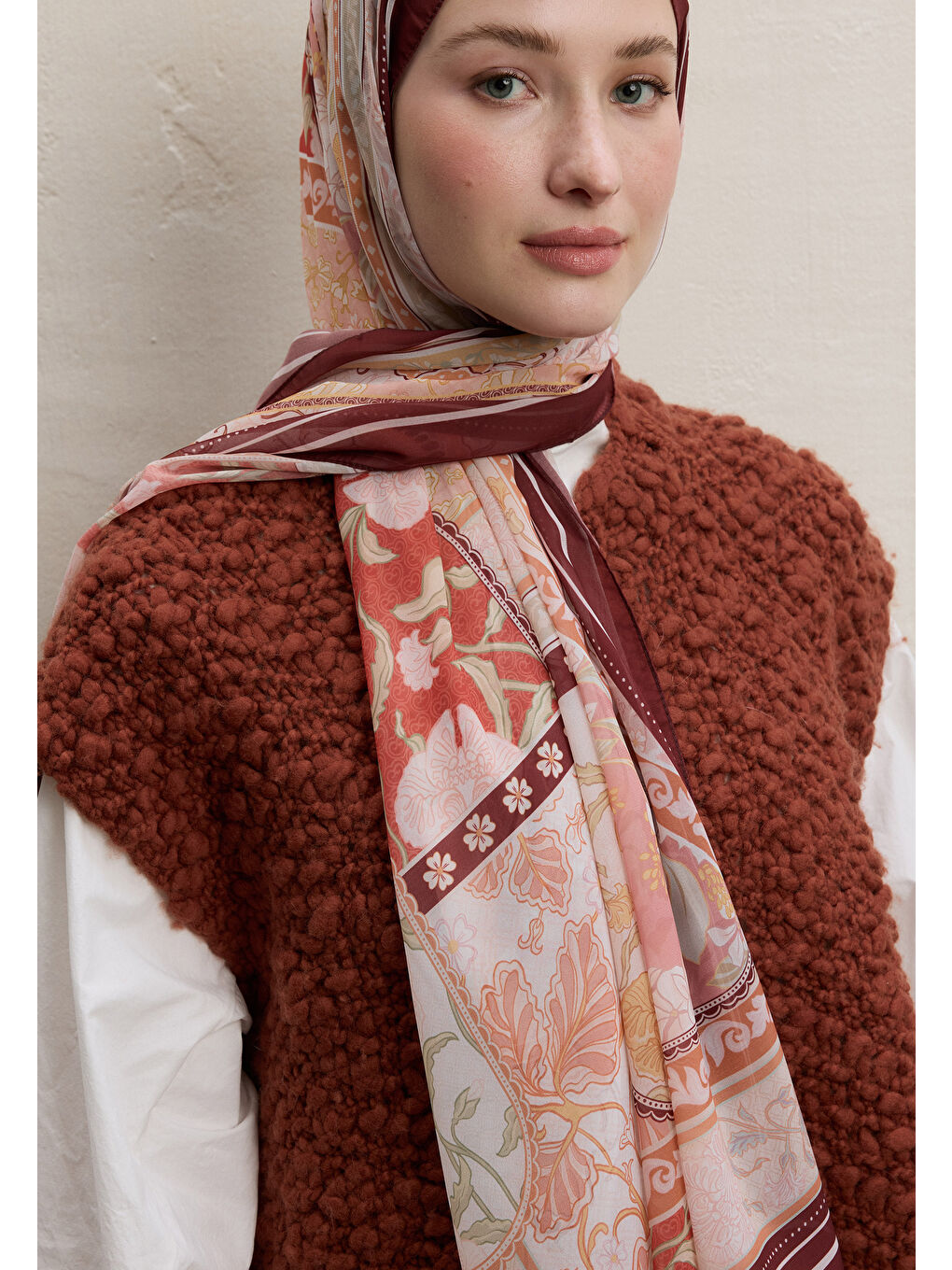 Kahverengi Lılıes Desen İpek Krep Şal Kiremit-3