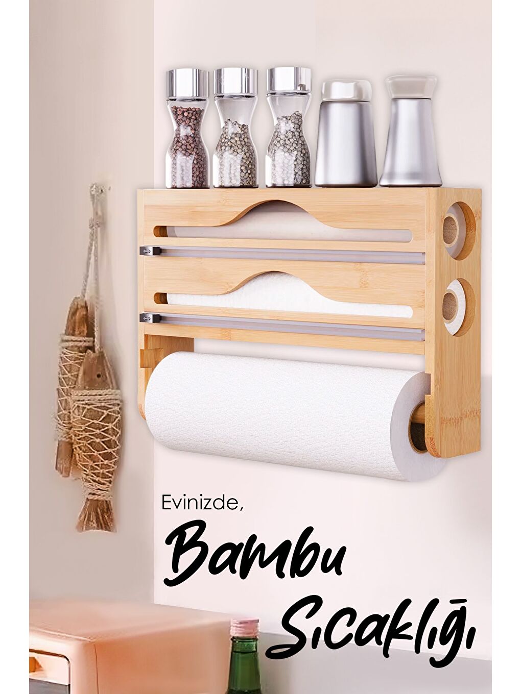 Bej Bambu Streç Film Folyo Kesici Fonksiyonel 2 Bölme Streç Folyo Kesme Kutusu ve Kağıt Havlu Askılığı-2