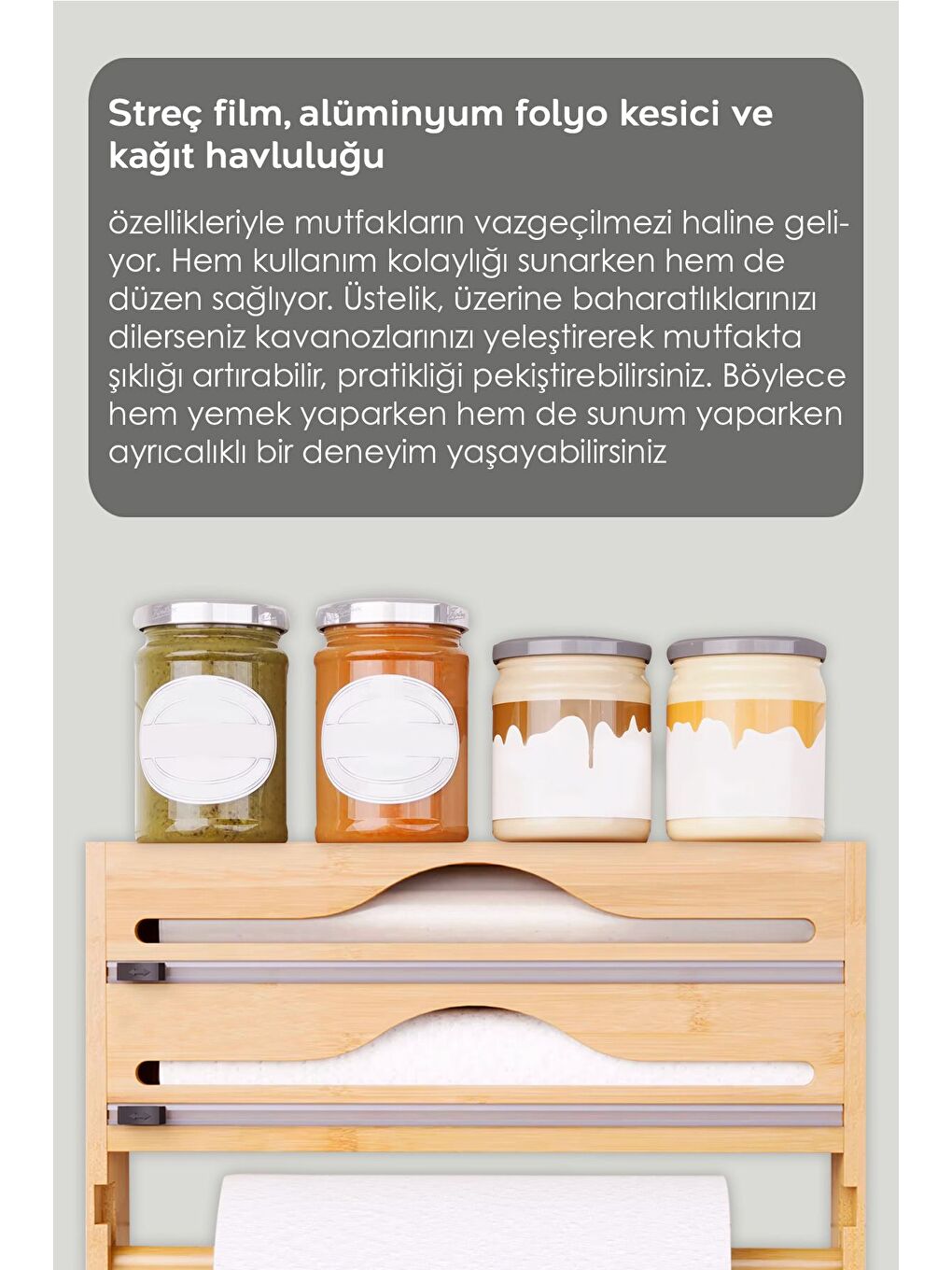 Bej Bambu Streç Film Folyo Kesici Fonksiyonel 2 Bölme Streç Folyo Kesme Kutusu ve Kağıt Havlu Askılığı-3