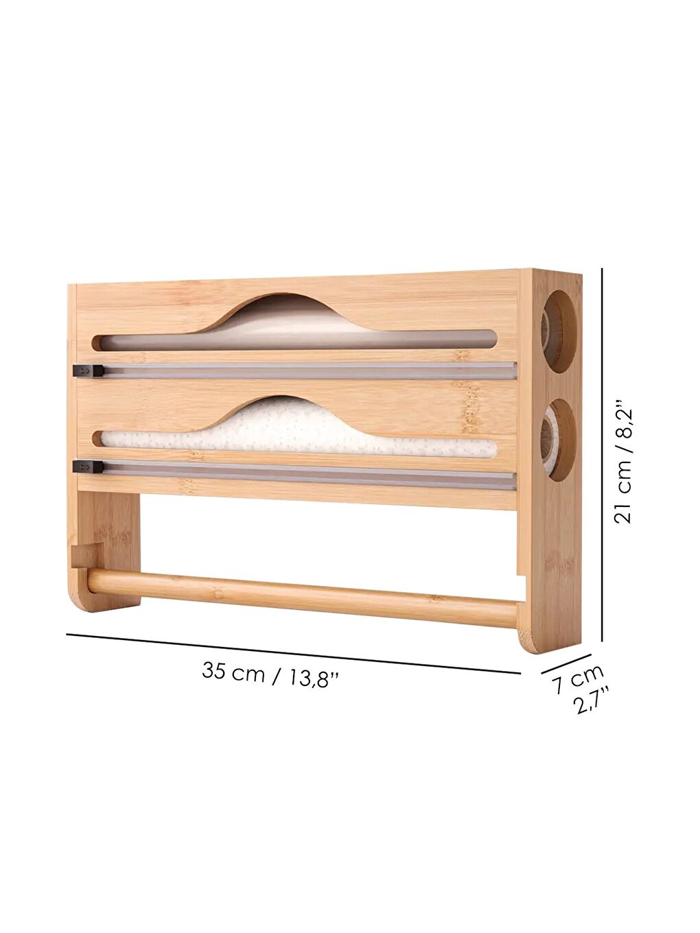 Bej Bambu Streç Film Folyo Kesici Fonksiyonel 2 Bölme Streç Folyo Kesme Kutusu ve Kağıt Havlu Askılığı-4