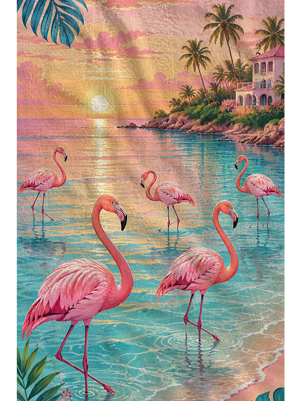 Pembe Tropikal Flamingo Akşam Işığı Ve Palmiye Desenli 70x150 Plaj Havlusu - Dijital Baskılı Banyo Havlusu-2