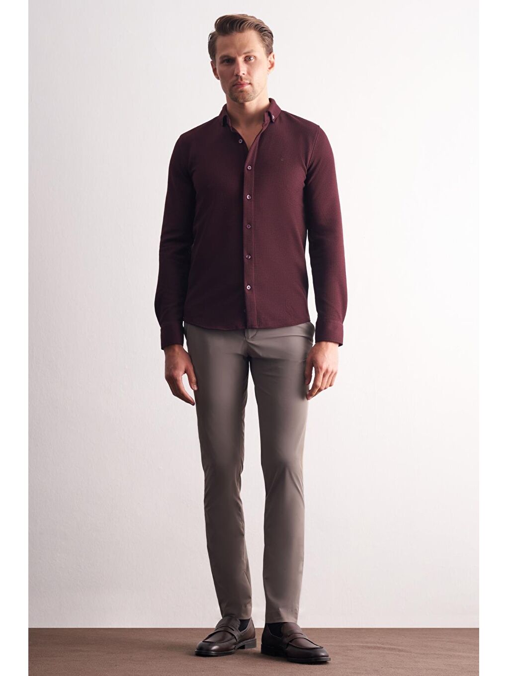 Bordo Uzun Kol Düğmeli Yaka  Pamuklu Slim Fit Gömlek 1004255267-1