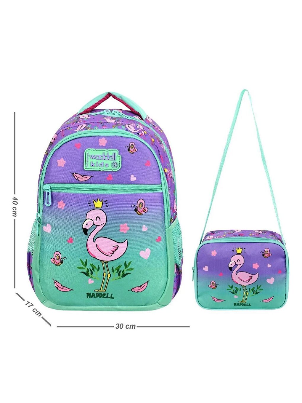 3 Bölmeli İlkokul Çantası ve Beslenme Çantası Flamingo Lila-Su Yeşili 24302-1