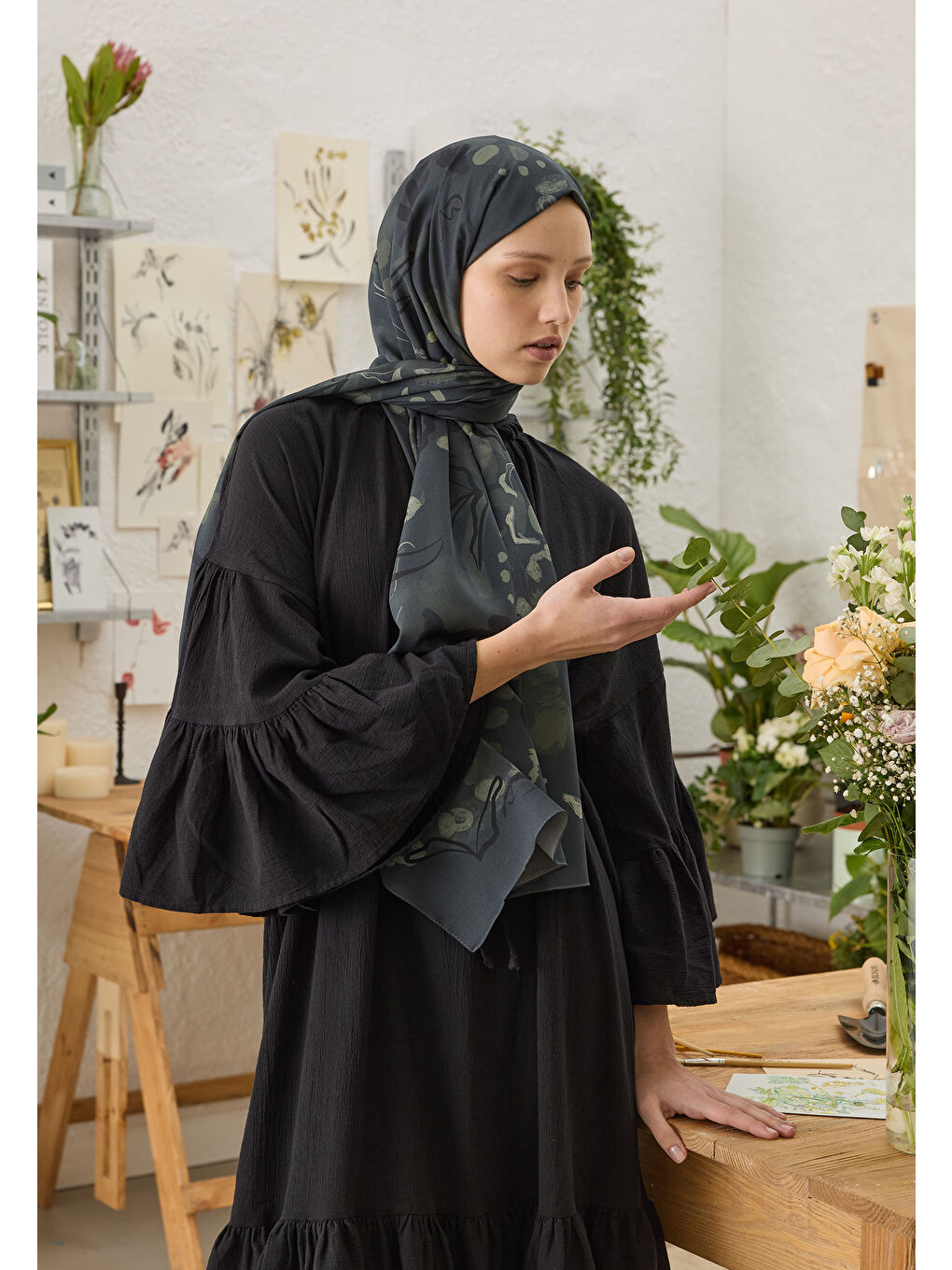 Aura Desen Şal Koyu Yeşil