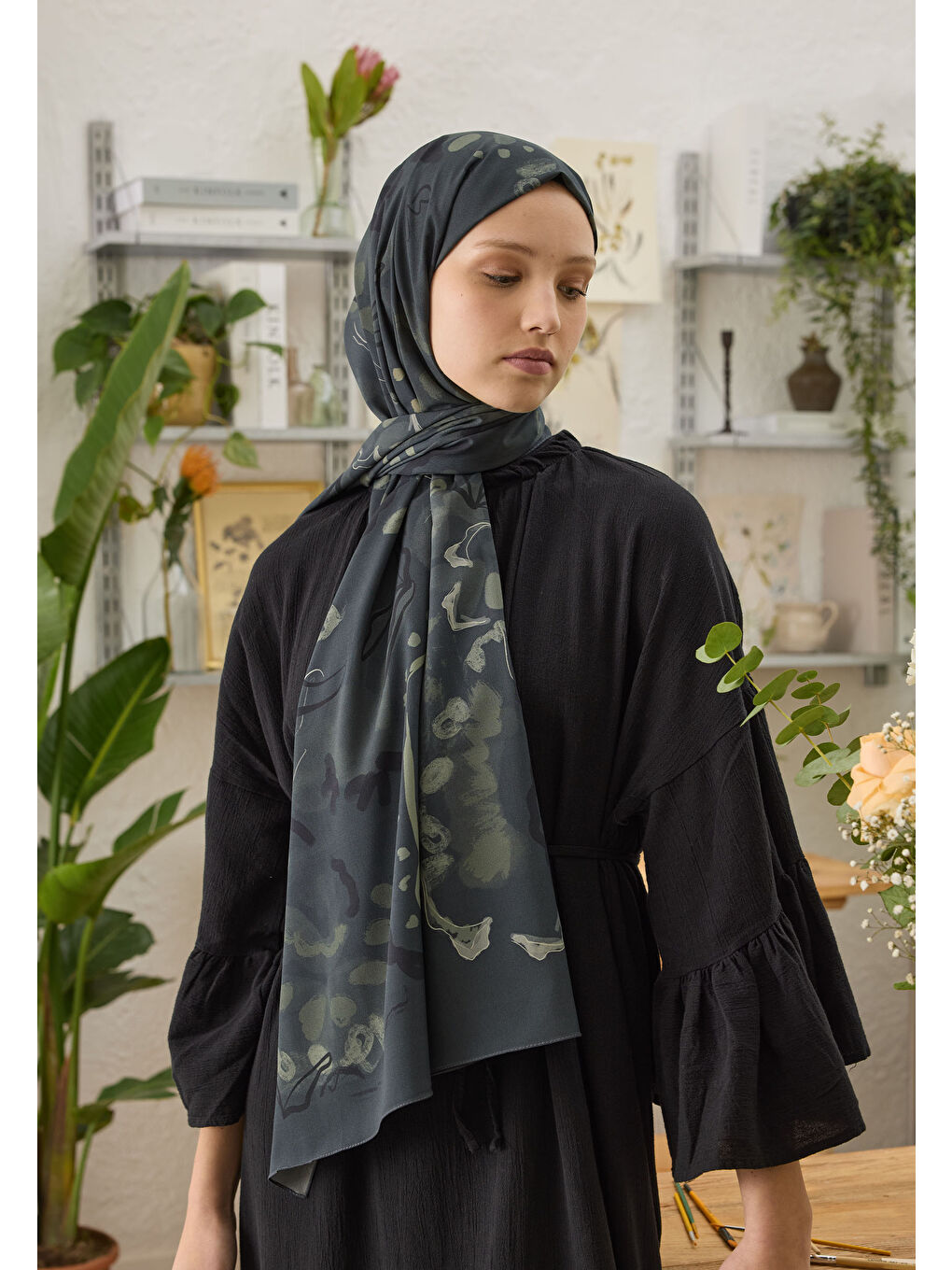 Aura Desen Şal Koyu Yeşil-1