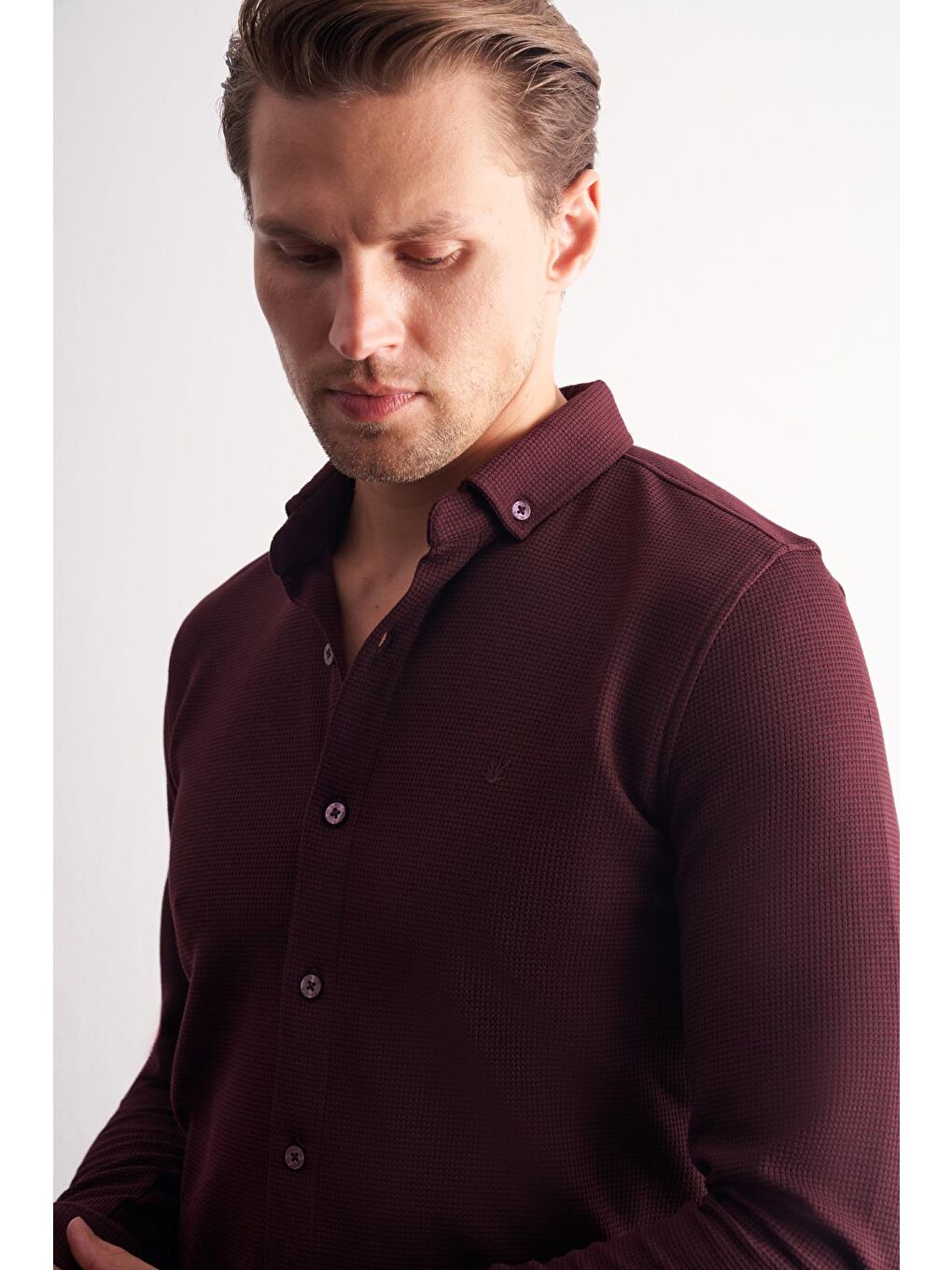 Bordo Uzun Kol Düğmeli Yaka  Pamuklu Slim Fit Gömlek 1004255267-3