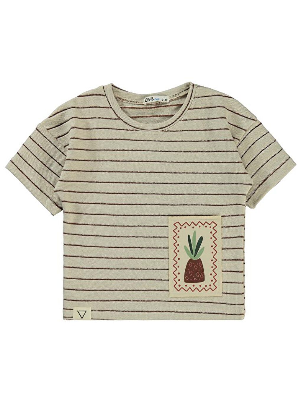 Bej Boys Çizgii Ananas Nakışlı 2-5 Yaş Tişört