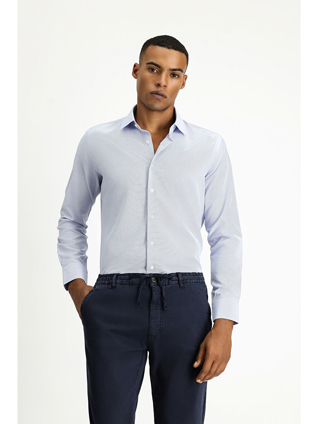 Mavi Uzun Kol Slim Fit Dar Kesim Klasik Desenli Pamuklu Kolay Ütülenebilir Gömlek