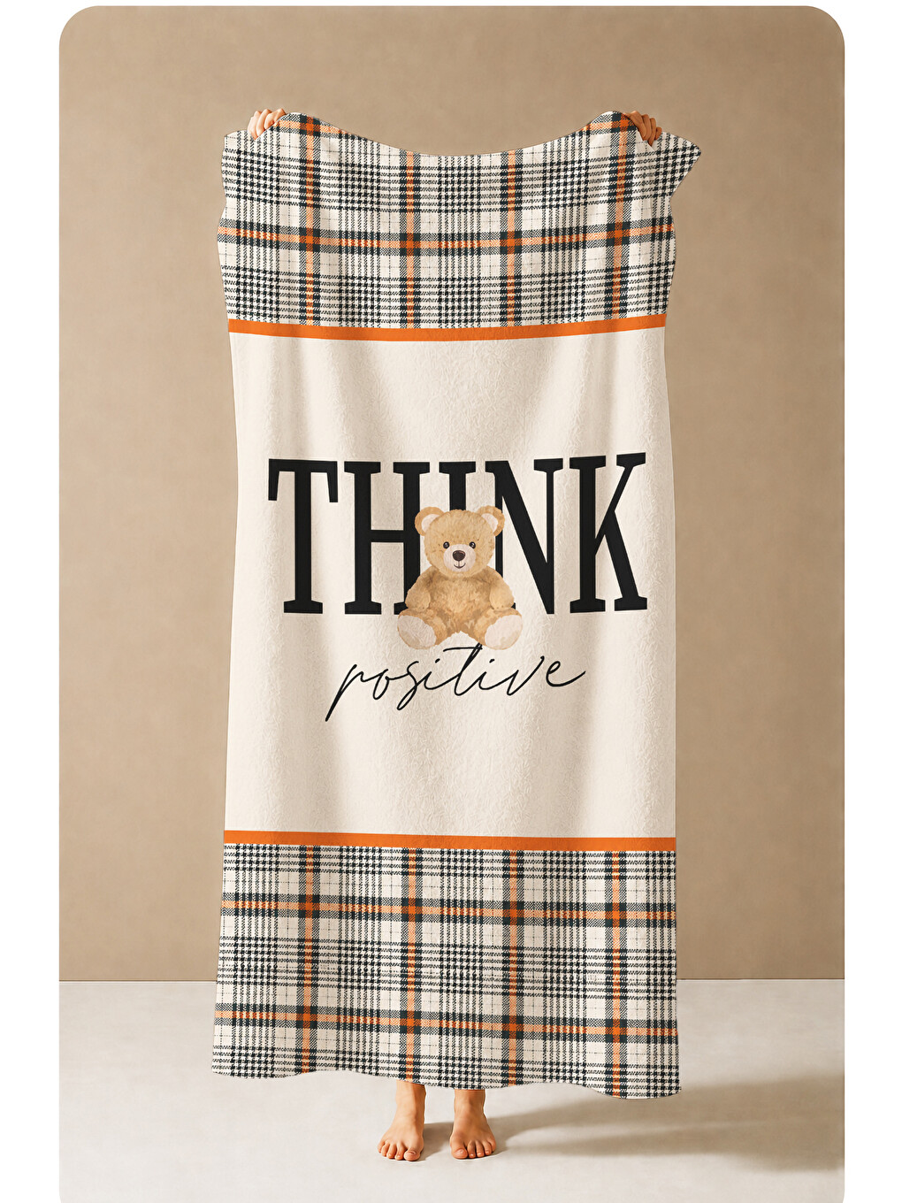 Pembe Retro Think Positive Yazılı Ekose Motivasyon Desenli 70x150 Plaj Havlusu - Pamuklu Banyo Havlusu-3