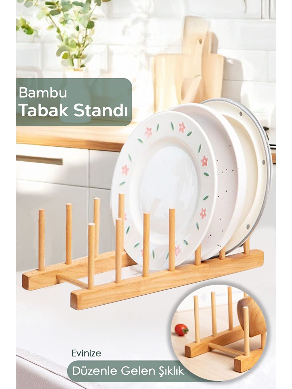 Bej 6 Bölmeli Bambu Tabak Standı Bambu Tabaklık Bulaşıklık Mutfak Organizer Dekoratif Düzenleyici