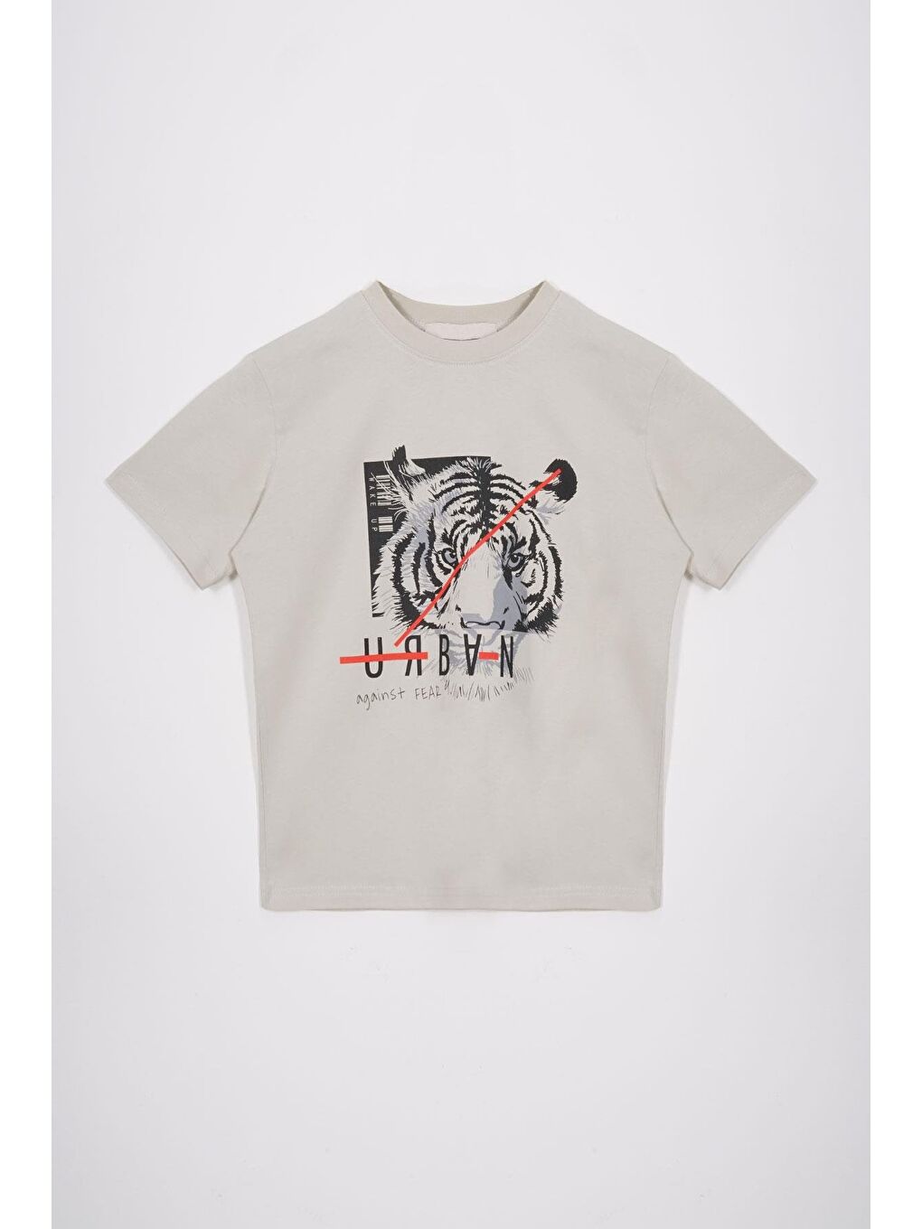 Bej Bisiklet Yaka Kaplan Baskılı Taş Renk Erkek Çocuk Tshirt