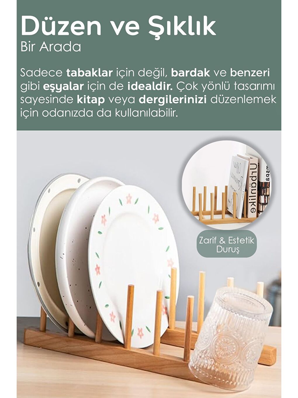Bej 6 Bölmeli Bambu Tabak Standı Bambu Tabaklık Bulaşıklık Mutfak Organizer Dekoratif Düzenleyici-1