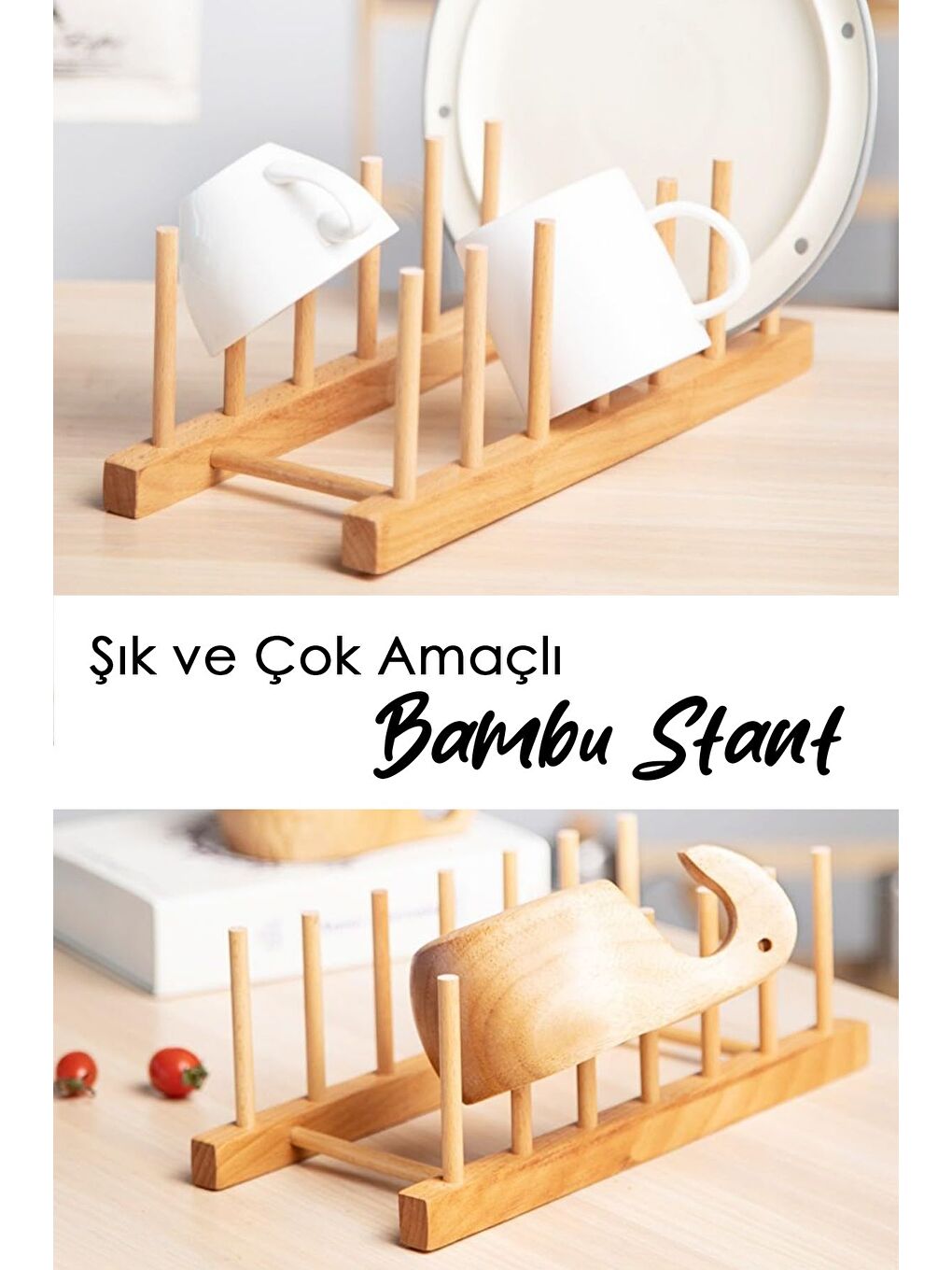 Bej 6 Bölmeli Bambu Tabak Standı Bambu Tabaklık Bulaşıklık Mutfak Organizer Dekoratif Düzenleyici-2