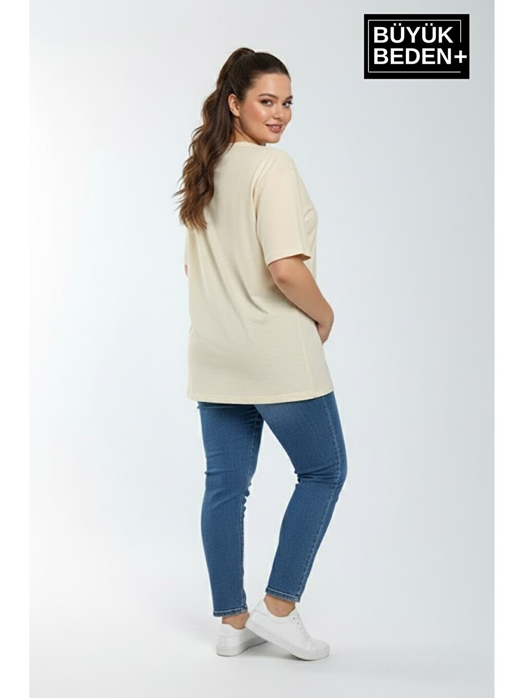 Bej Kadın Büyük Beden A Baskılı 3xl-6xl Bisiklet Yaka Tshırt SPR26BTSK510-12-1