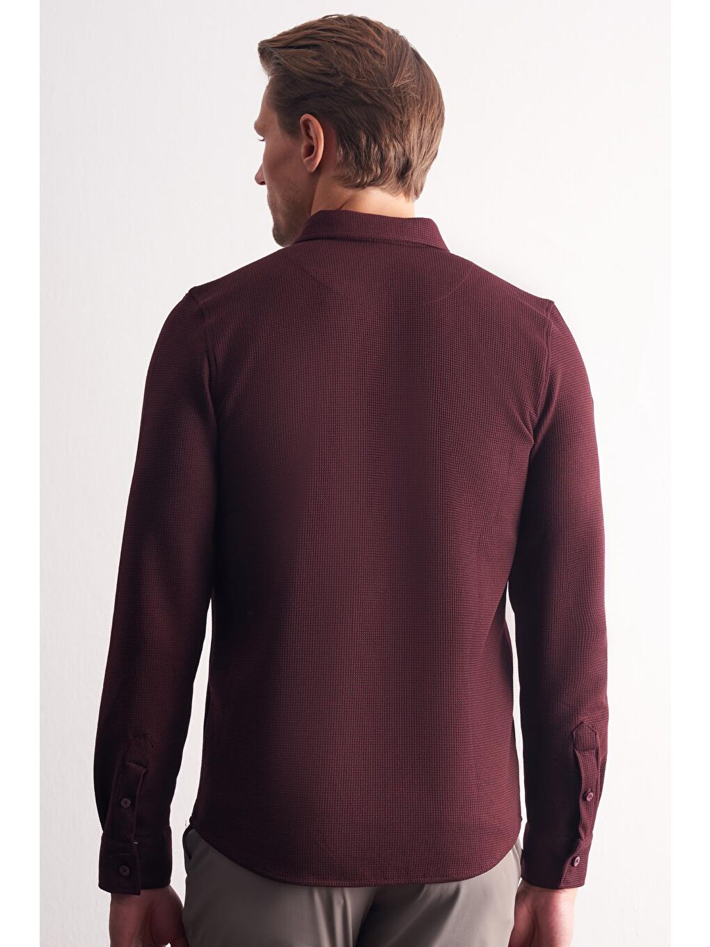 Bordo Uzun Kol Düğmeli Yaka  Pamuklu Slim Fit Gömlek 1004255267-4