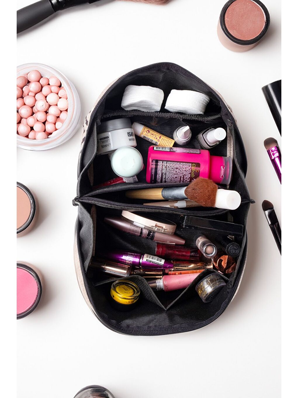 Su Geçirmez Bavul İçi Düzenleyici Çok Bölmeli Seyahat Çantası Organizer Makyaj Düzenleme Çantası Bej-3