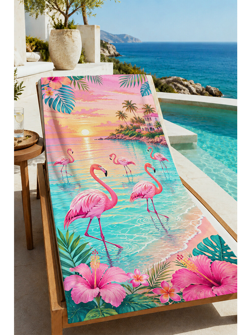 Pembe Tropikal Flamingo Akşam Işığı Ve Palmiye Desenli 70x150 Plaj Havlusu - Dijital Baskılı Banyo Havlusu-3