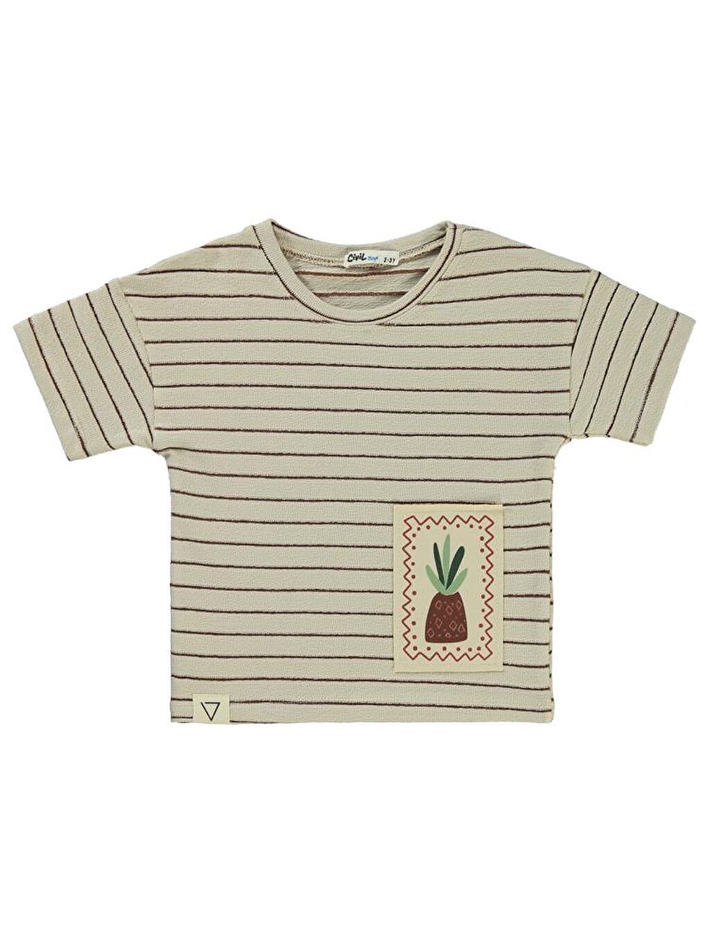 Bej Boys Çizgii Ananas Nakışlı 2-5 Yaş Tişört-1