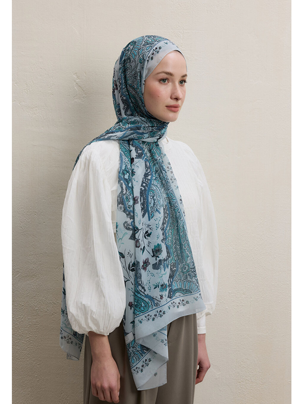 Alıza Desen İpek Krep Şal Mint Yeşili