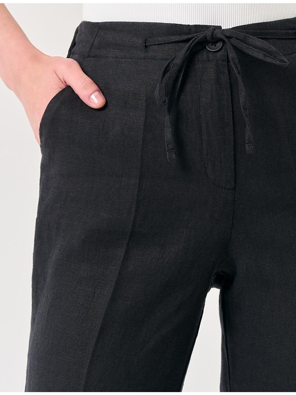 Siyah Normal Paça Normal Bel Dokuma Keten Pantolon-1