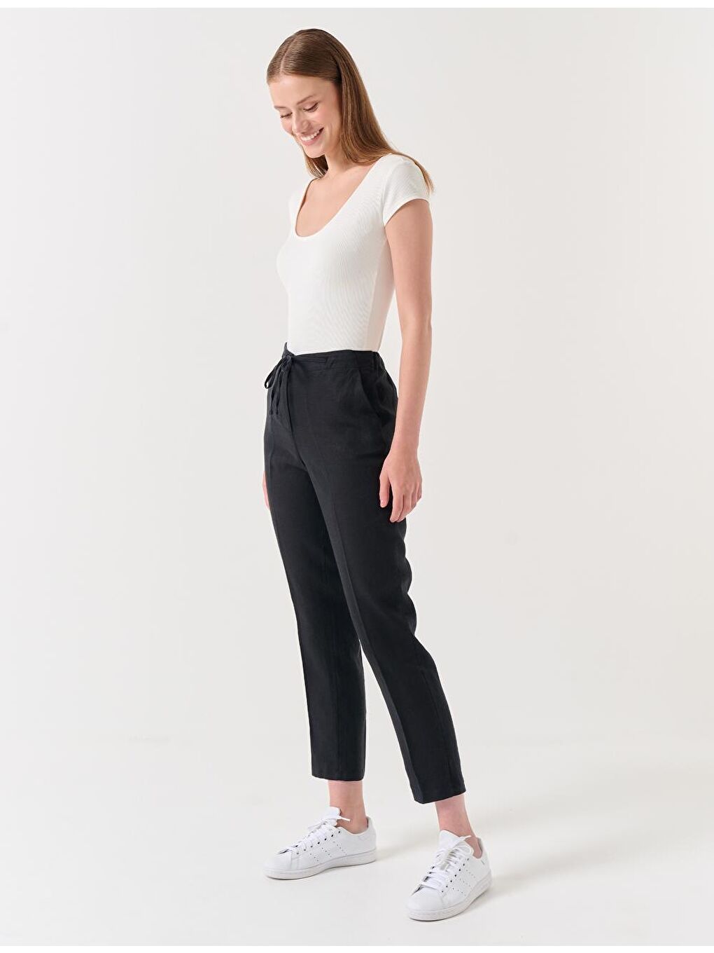 Siyah Normal Paça Normal Bel Dokuma Keten Pantolon-2