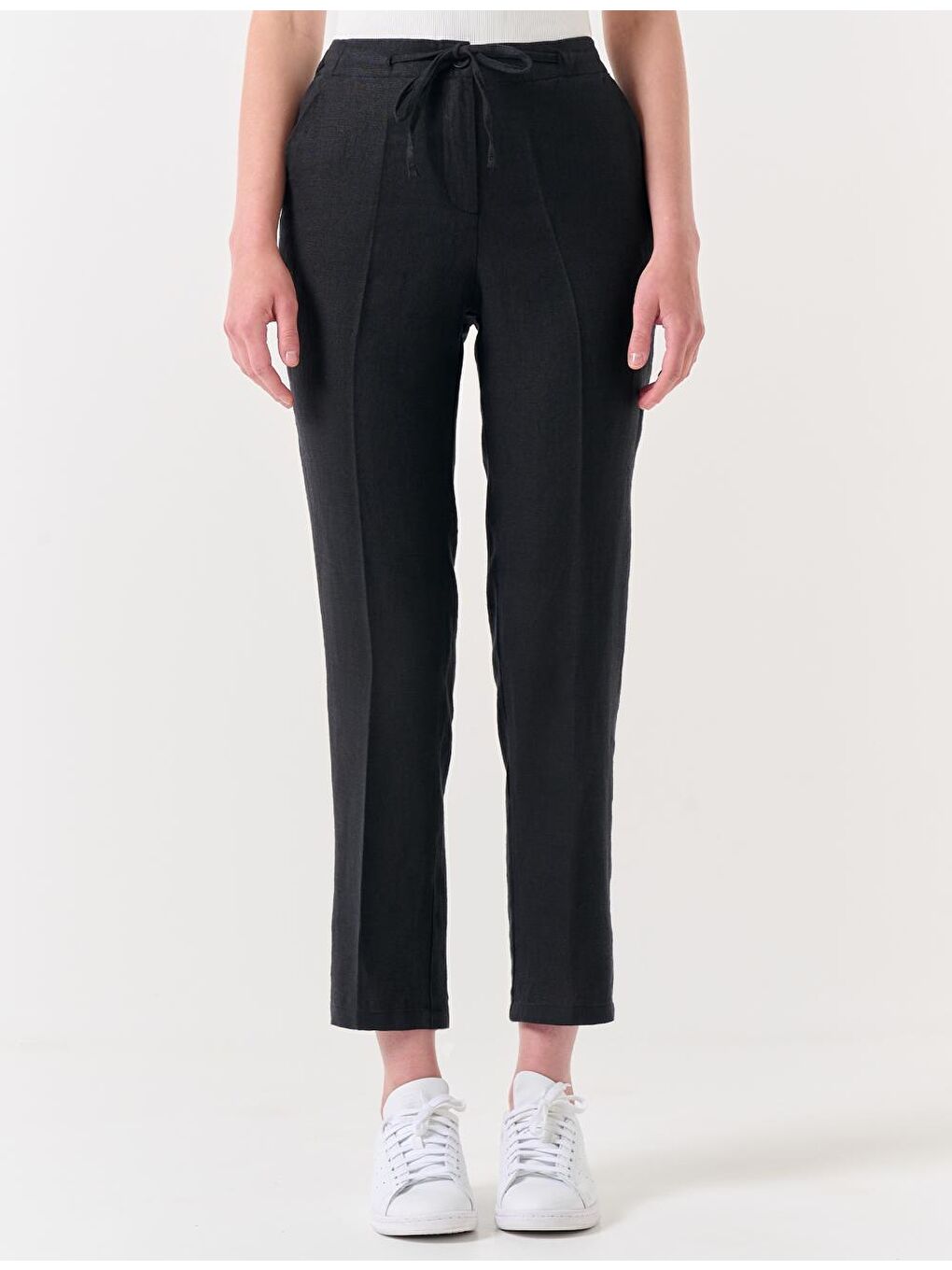 Siyah Normal Paça Normal Bel Dokuma Keten Pantolon-4