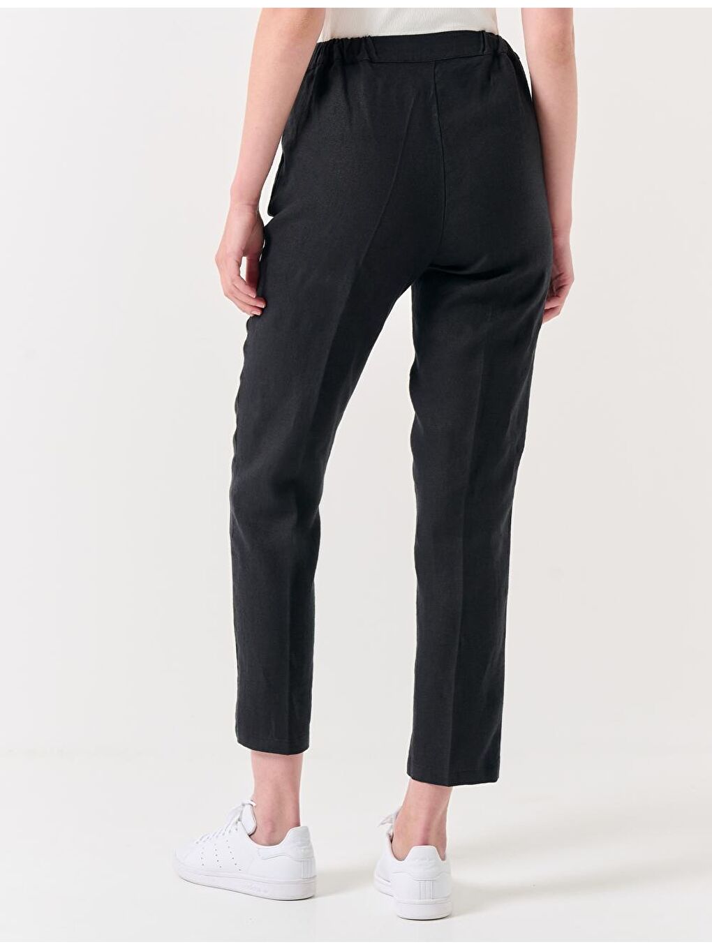 Siyah Normal Paça Normal Bel Dokuma Keten Pantolon-5