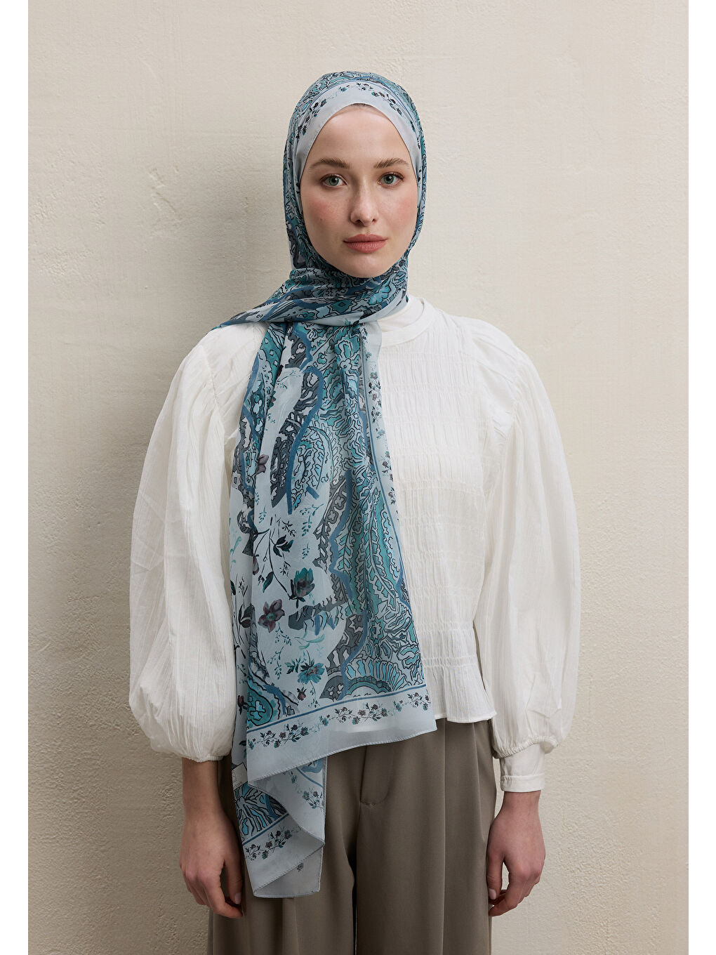 Alıza Desen İpek Krep Şal Mint Yeşili-2