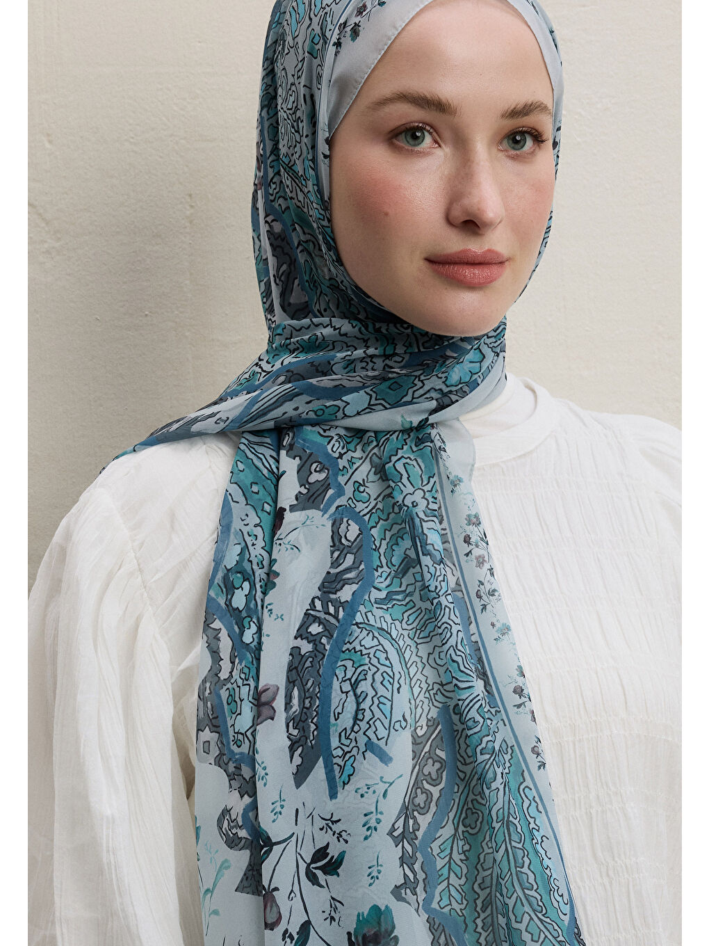 Alıza Desen İpek Krep Şal Mint Yeşili-3