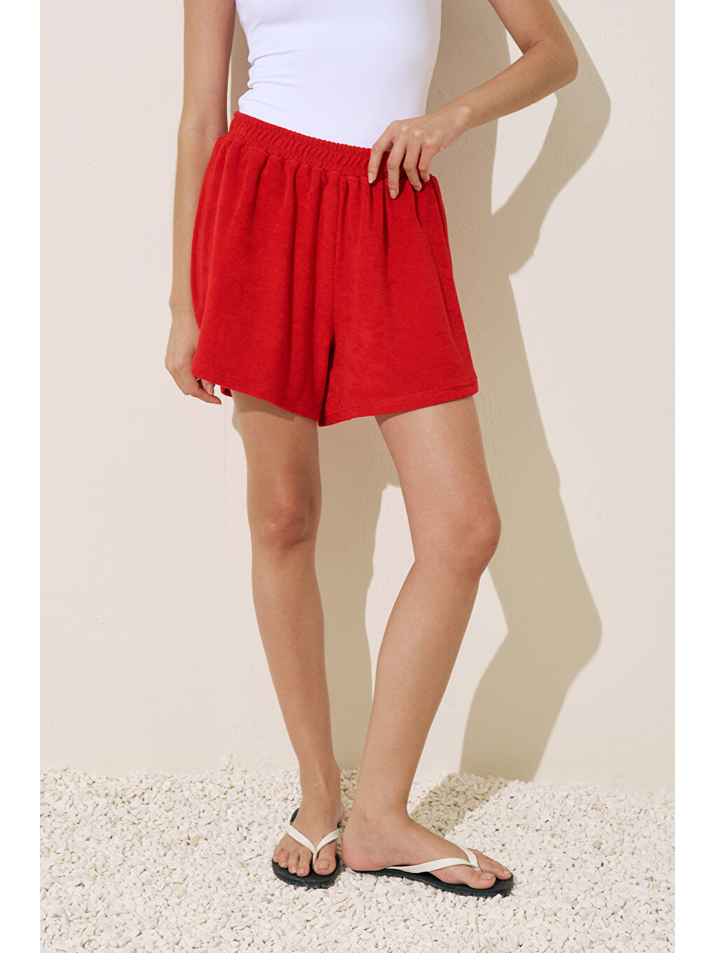 Havlu Kumaş Şort Kırmızı-5