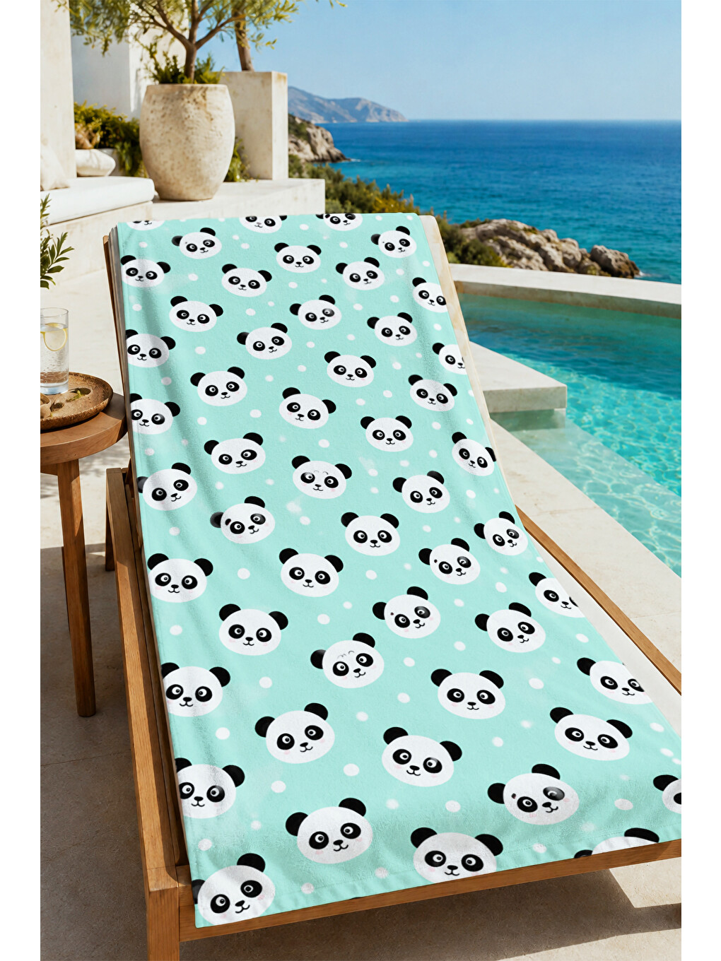 Sevimli Panda Mint Yeşili Tekrarlı Desenli 70x150 Plaj Havlusu - Dijital Baskılı Banyo Havlusu