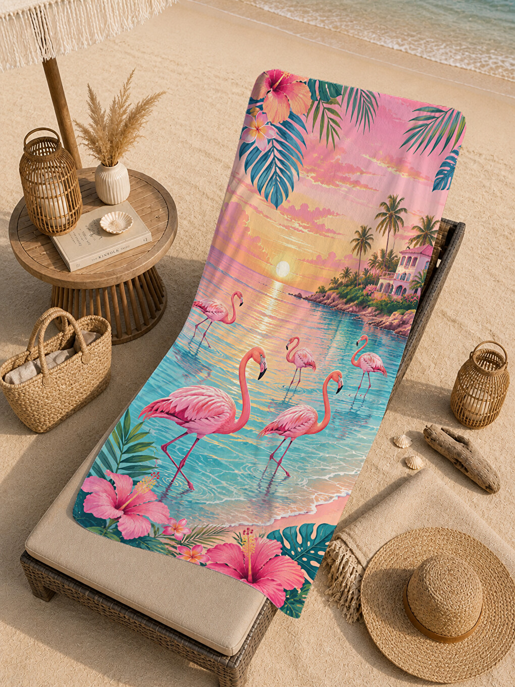 Pembe Tropikal Flamingo Akşam Işığı Ve Palmiye Desenli 70x150 Plaj Havlusu - Dijital Baskılı Banyo Havlusu-4