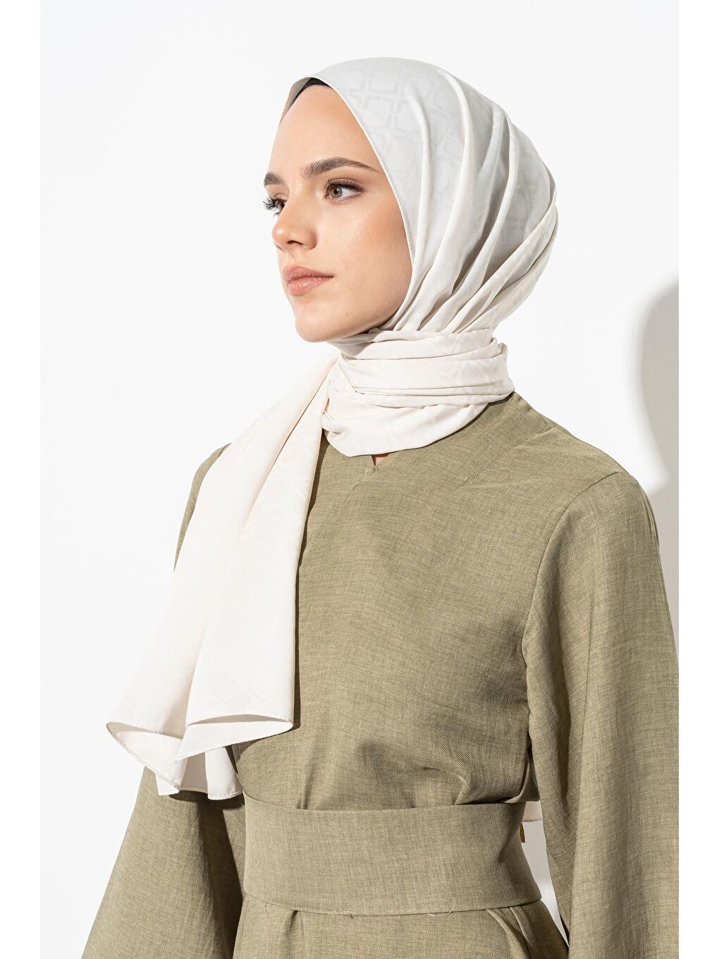 Ekru Kadın Geometrik Desen Jakarlı Şal-3