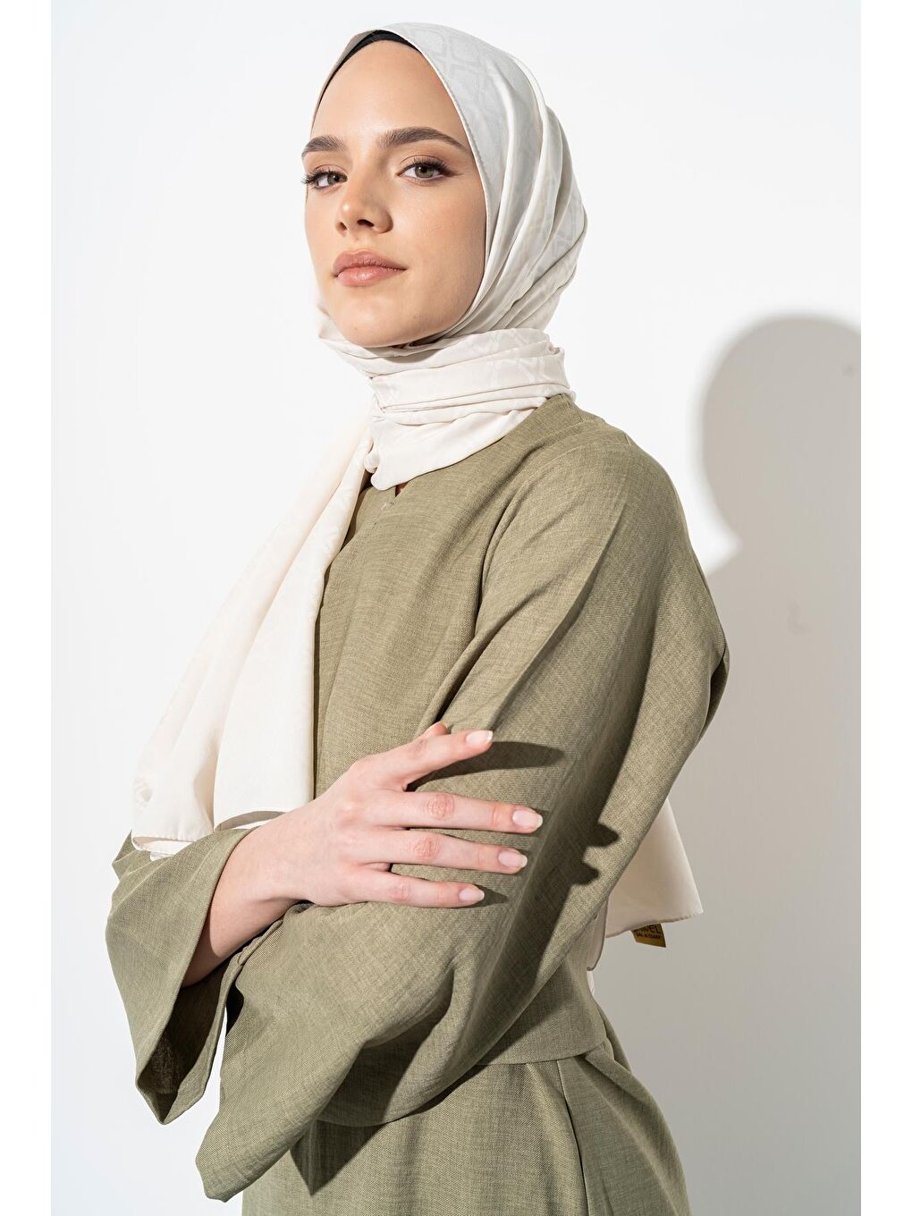 Ekru Kadın Geometrik Desen Jakarlı Şal-4