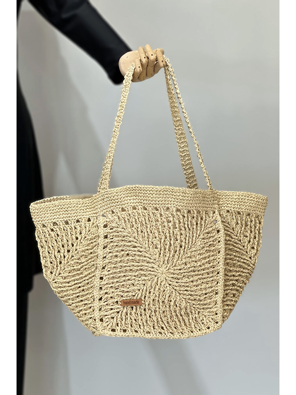 El Örgüsü Hasır Çanta Plaj Çantası 026 Bej01
