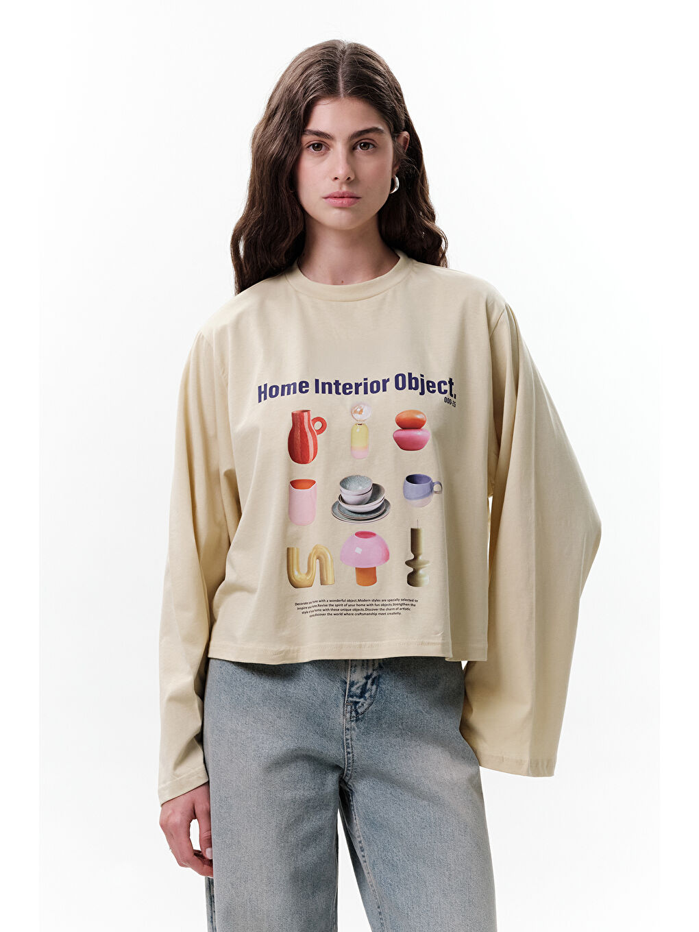 Sarı Baskılı Crop Uzun Kol T-Shırt Objeckt-3