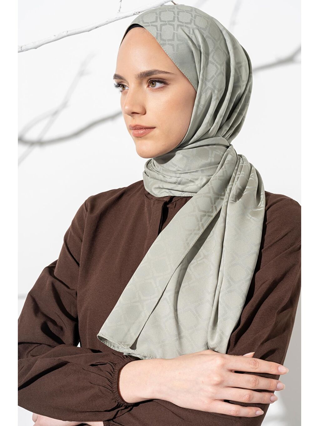 Haki Kadın Geometrik Desen Jakarlı Şal