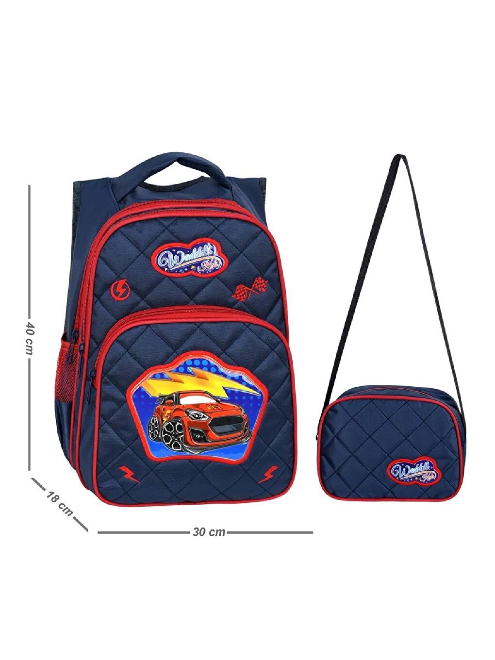 3 Bölmeli İlkokul Çantası ve Beslenme Çantası Şimşek Yarış Arabası Lacivert 24007-1
