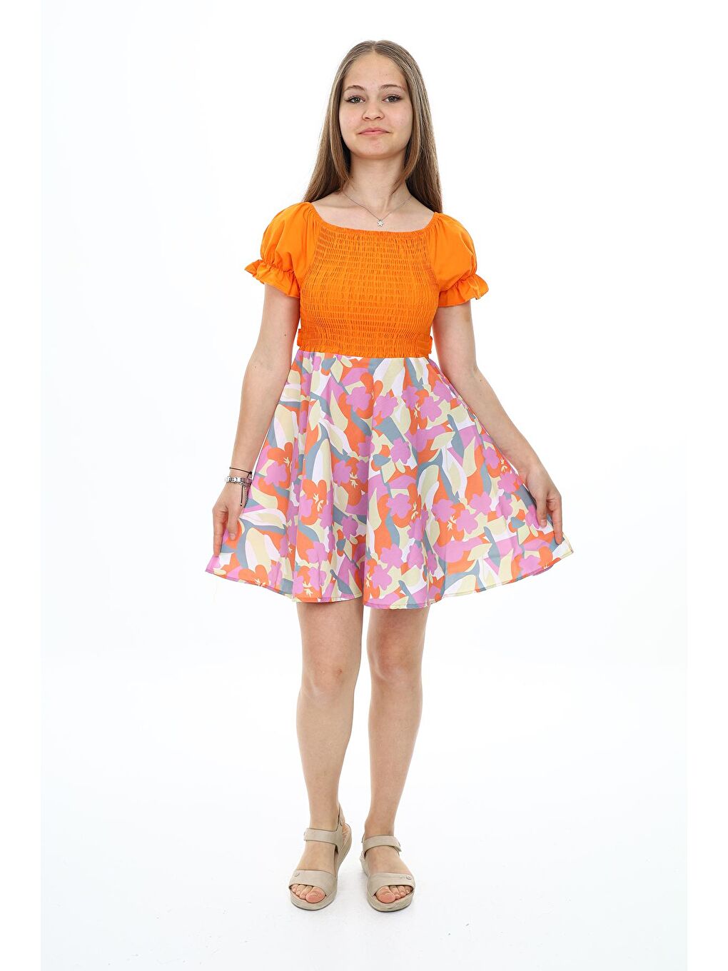 Turuncu Kız Çocuk Yaz Renkleri Desenli -Büzgü Detaylı Elbise 6-13 Yaş 9281