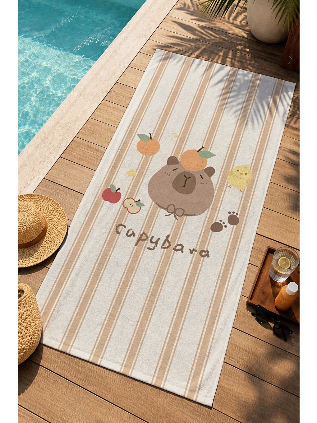 Sevimli Fare Ailesi Bej Çizgili Desenli 70x150 Plaj Havlusu - Dijital Baskılı Solmaz Banyo Havlusu-2