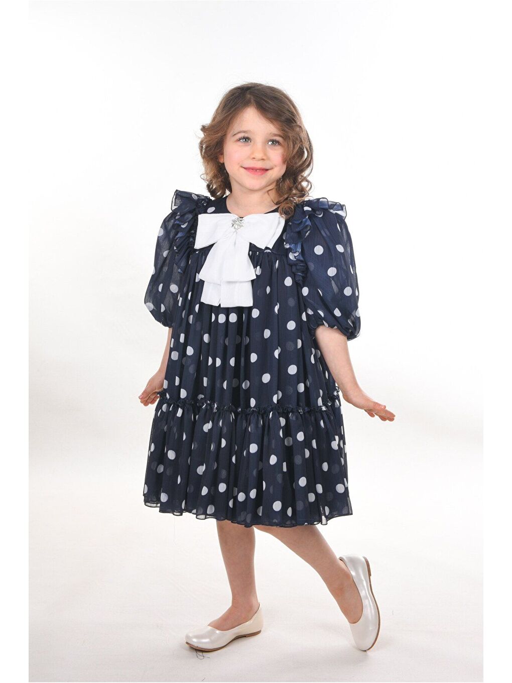 Lacivert Fiyonklu ve Puantiyeli Kız Çocuk Kabarık Elbise_M2438