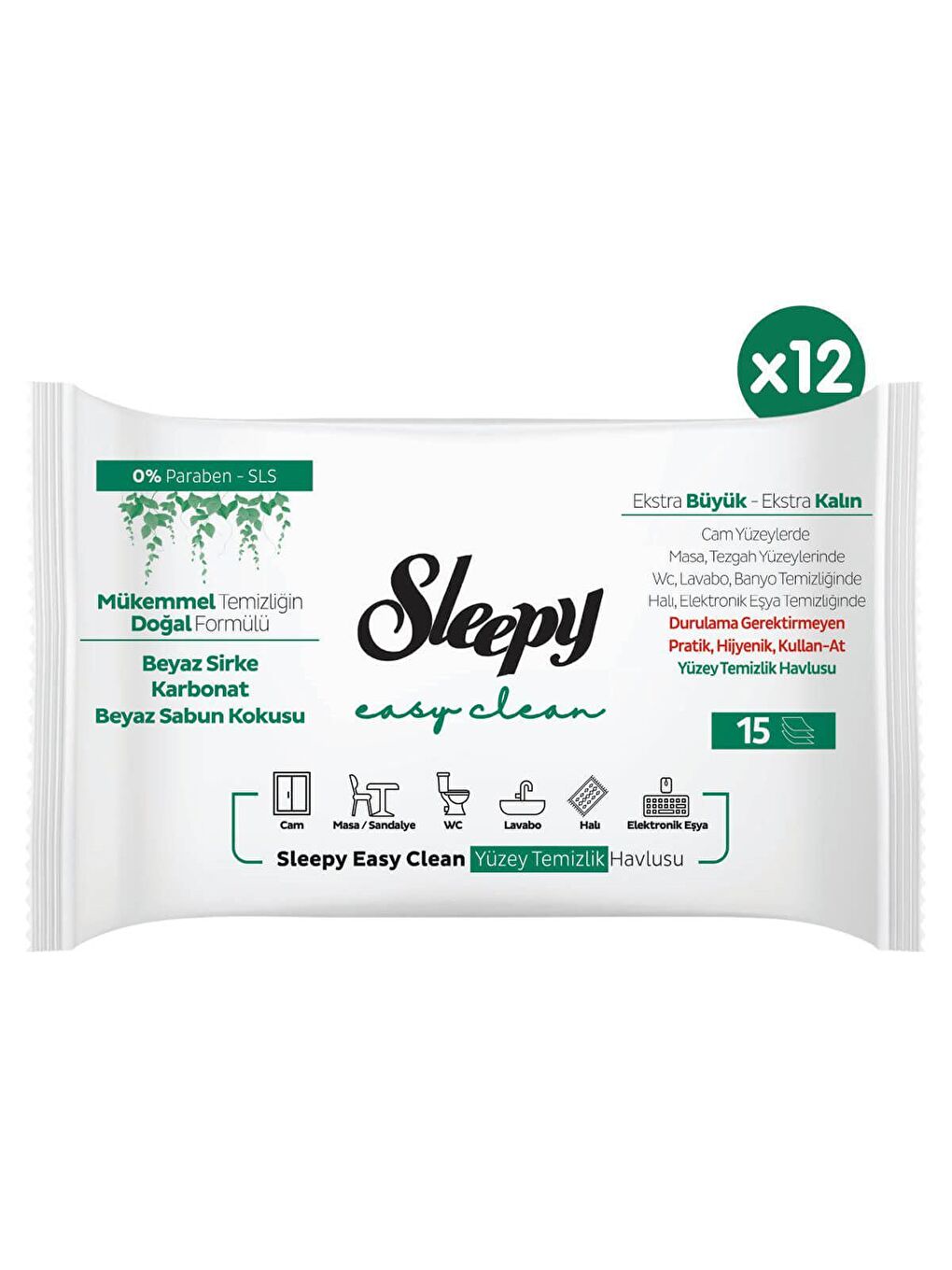 Sleepy Beyaz 12'li Paket Paket Easy Clean Yüzey Temizlik Havlusu 12x15 (180 Yaprak) - 1