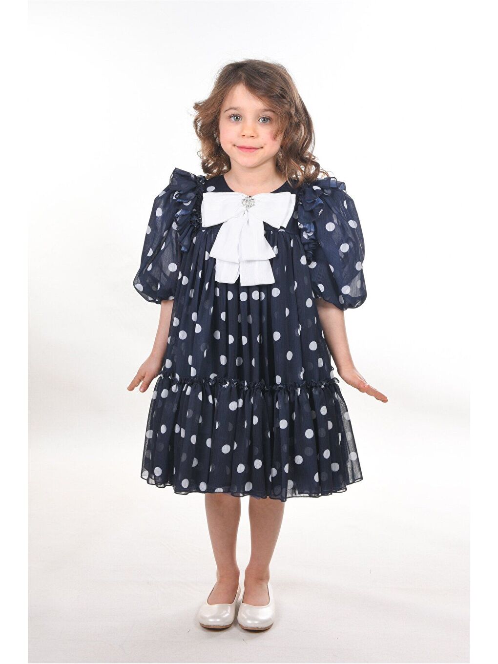 Lacivert Fiyonklu ve Puantiyeli Kız Çocuk Kabarık Elbise_M2438-1
