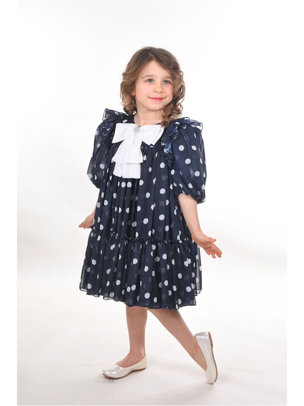 Lacivert Fiyonklu ve Puantiyeli Kız Çocuk Kabarık Elbise_M2438-2