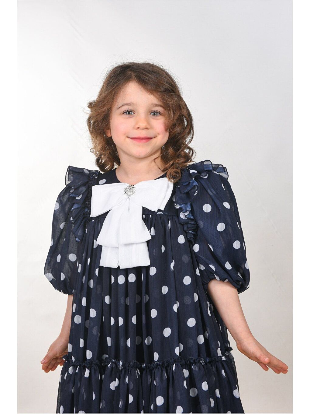 Lacivert Fiyonklu ve Puantiyeli Kız Çocuk Kabarık Elbise_M2438-3